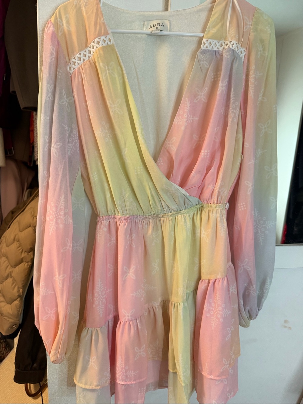 Free People Pastel Pink, Yellow & Mint Wrap Long Sleeve Mini Dress